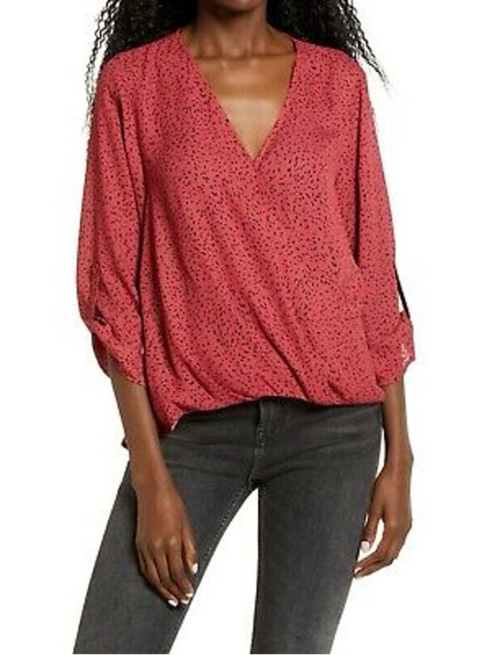 All in Favor Coral Red Surplice Blouse with Black Dot Print